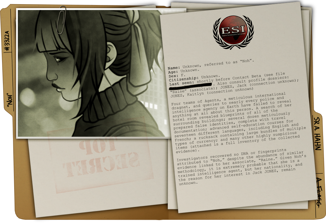 While the evidence compiled by Agent Flagg does look suspicious at first glance, we shouldn't jump to conclusions. Maybe Noh is a clean-freak currency trader who'd rather talk face to face than use the internet. Or phones. Maybe she's a private investigator that Raine paid to help her locate Jack JONES and then, if all went well, run away to start a new life with him. Who knows? I'm sure there's a perfectly reasonable, non-alien-related explanation for everything.