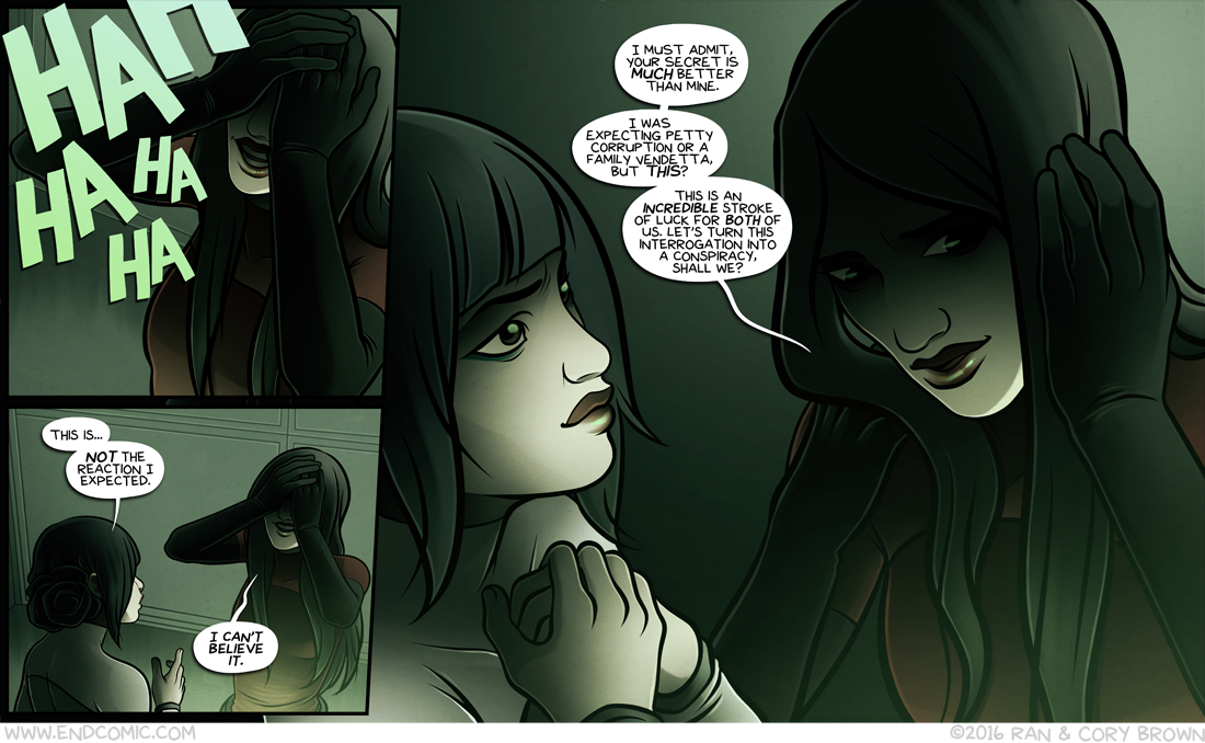 Oh. You're not going to kill me? Hmm. Well. Hmm. Let's just pretend I never said anything about Sef, shall we? No? You're... blackmailing me into silence? Oh! Well, why didn't you say so!? That's absolutely within my comfort zone. I am completely and unequivocally willing to be blackmailed if it means I get to go about my business and never think about this distressing encounter again. And, er, as long as we're discussing it, I would still definitely be quite grateful if Sef were to somehow become dead at some point. I really, enormously dislike that man. Hmm? Assassinate him?? I'm not cut out for - oh, YOU'LL assassinate him? Huh. I would have assumed that the Black Caste veteran would be the one to do that, but I suppose he'd be less likely to suspect someone from his own caste. What do you want in return? Really? That's it? I can do that. But only as a personal favour for a friend who is definitely not blackmailing me and/or committing murder on my behalf. Yes, friend, I think we have a deal.